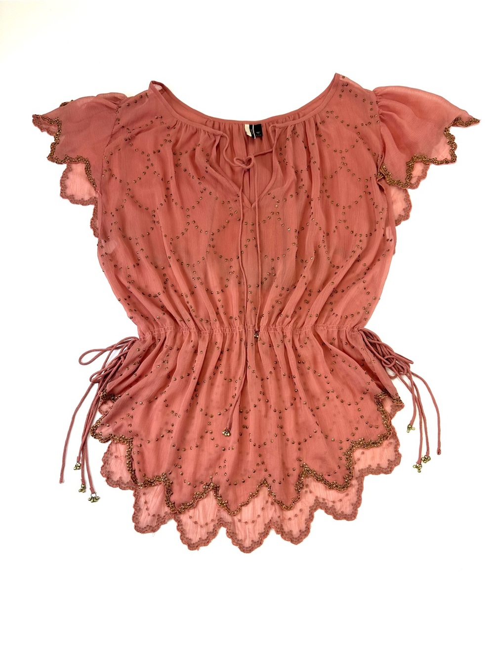 Topshop Peach Sheer Beaded Peplum Blouse Romantic Boho Festival Top M L